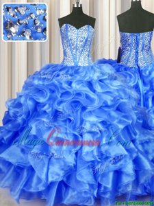 High Class Sweetheart Sleeveless Ball Gown Prom Dress Floor Length Beading and Ruffles Blue Organza