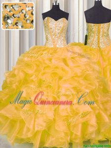 Organza Sweetheart Sleeveless Lace Up Beading and Ruffles Quinceanera Gowns in Gold