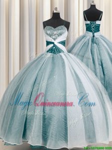 Floor Length Teal Sweet 16 Dress Spaghetti Straps Half Sleeves Lace Up