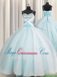 Fine Spaghetti Straps Aqua Blue Lace Up Quinceanera Dresses Beading and Ruching Sleeveless Floor Length