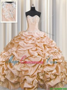 Charming Brush Train Sleeveless Taffeta Sweep Train Lace Up Sweet 16 Dress in Peach for with Beading and Pick Ups