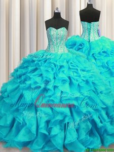 Latest Visible Boning Sleeveless Brush Train Lace Up Beading and Ruffles Quinceanera Dresses