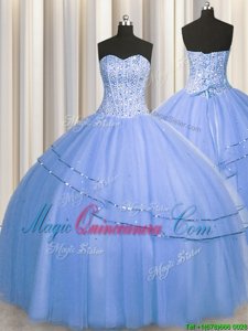 Visible Boning Big Puffy Blue Sweetheart Neckline Beading Sweet 16 Dress Sleeveless Lace Up