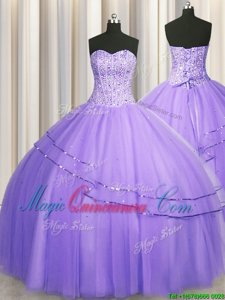 Ideal Visible Boning Big Puffy Lavender Tulle Lace Up Sweetheart Sleeveless Floor Length Quinceanera Gown Beading