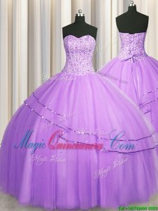 Visible Boning Puffy Skirt Tulle Sleeveless Floor Length Quince Ball Gowns and Beading