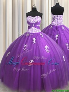 Fitting Sweetheart Sleeveless Lace Up Quinceanera Gown Purple Tulle