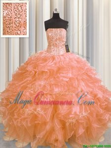 Visible Boning Floor Length Lace Up Quinceanera Dresses Orange and In for Military Ball and Sweet 16 and Quinceanera with Beading and Ruffles