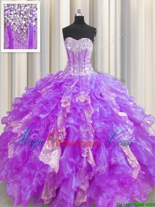 Visible Boning Organza and Sequined Sleeveless Floor Length Quinceanera Gown and Beading and Ruffles and Sequins