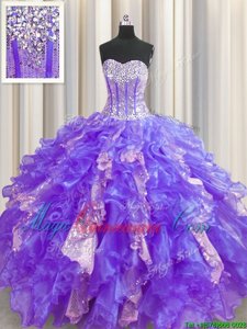 High Class Visible Boning Purple Organza and Sequined Lace Up Sweet 16 Quinceanera Dress Sleeveless Floor Length Beading and Ruffles and Sequins