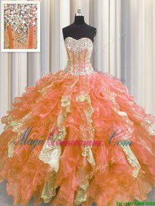 Visible Boning Sweetheart Sleeveless Sweet 16 Dress Floor Length Beading and Ruffles and Sequins Multi-color Organza and Sequined