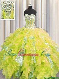 Visible Boning Yellow Ball Gowns Beading and Ruffles and Sequins Quinceanera Dress Lace Up Organza and Sequined Sleeveless Floor Length