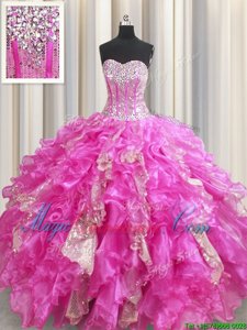 Cute Visible Boning Sleeveless Lace Up Floor Length Beading and Ruffles and Sequins Quinceanera Gowns