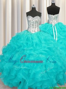 New Arrival Sweetheart Sleeveless Lace Up 15th Birthday Dress Aqua Blue Organza