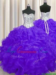 Sweetheart Sleeveless Organza 15th Birthday Dress Beading and Ruffles Lace Up