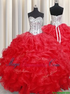 Sexy Red Sleeveless Organza Lace Up 15th Birthday Dress for Military Ball and Sweet 16 and Quinceanera