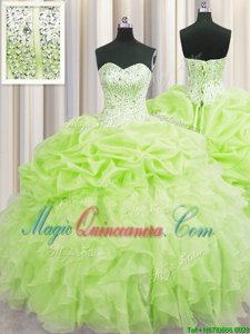 Fashion Visible Boning Yellow Green Lace Up Ball Gown Prom Dress Beading and Ruffles and Pick Ups Sleeveless Floor Length