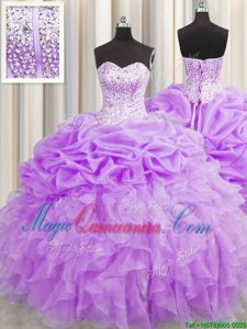 Pick Ups Visible Boning Sweetheart Sleeveless Lace Up Quinceanera Gown Purple Organza