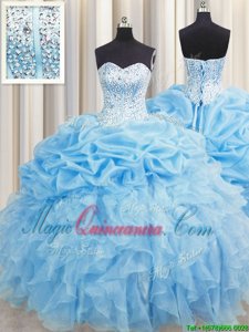 Visible Boning Beading and Ruffles and Pick Ups Quinceanera Dress Baby Blue Lace Up Sleeveless Floor Length