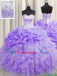 Fitting Pick Ups Visible Boning Floor Length Ball Gowns Sleeveless Lavender Quinceanera Gowns Lace Up