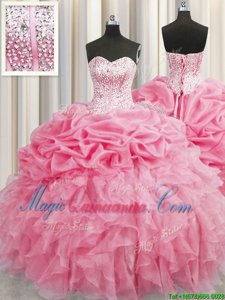 Visible Boning Rose Pink Sweetheart Neckline Beading and Ruffles 15 Quinceanera Dress Sleeveless Lace Up