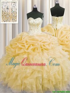 Visible Boning Gold Sleeveless Organza Lace Up Quinceanera Dresses for Military Ball and Sweet 16 and Quinceanera