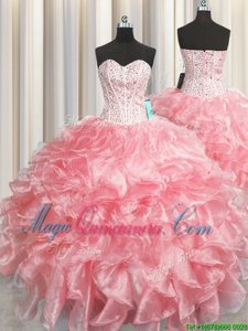 Visible Boning Zipper Up Baby Pink Ball Gowns Sweetheart Sleeveless Organza Floor Length Zipper Beading and Ruffles 15th Birthday Dress