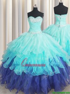 Stunning Multi-color Ball Gowns Organza Sweetheart Sleeveless Beading and Ruffles and Ruffled Layers and Sequins Floor Length Lace Up Sweet 16 Quinceanera Dress