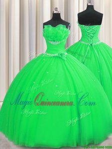 Handcrafted Flower Strapless Sleeveless Tulle Sweet 16 Quinceanera Dress Beading and Sequins and Hand Made Flower Lace Up