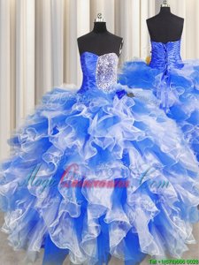 Blue And White Lace Up Sweetheart Beading and Ruffles and Ruching 15 Quinceanera Dress Organza Sleeveless