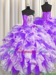 White And Purple Organza Lace Up Vestidos de Quinceanera Sleeveless Floor Length Beading and Ruffles and Ruching