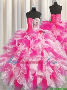 Fashion Sweetheart Sleeveless Lace Up Quince Ball Gowns Pink And White Organza