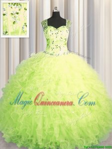 Glorious See Through Zipper Up Floor Length Zipper Quinceanera Dresses Yellow Green and In for Military Ball and Sweet 16 and Quinceanera with Beading and Ruffles