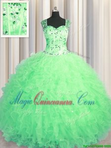 Admirable See Through Zipper Up Apple Green Ball Gowns Beading and Ruffles Quinceanera Gown Zipper Tulle Sleeveless Floor Length