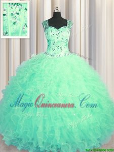 See Through Zipper Up Tulle Straps Sleeveless Zipper Beading and Ruffles Quince Ball Gowns in Turquoise