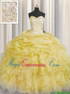 Fitting Light Yellow Ball Gowns Beading and Ruffles 15th Birthday Dress Lace Up Organza Sleeveless Floor Length