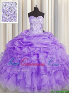 New Arrival Sleeveless Organza Floor Length Lace Up Quinceanera Gowns in Lavender for with Beading and Ruffles