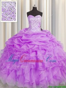 Sweetheart Sleeveless Quinceanera Gowns Floor Length Beading and Ruffles Lavender Organza