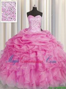 Vintage Floor Length Ball Gowns Sleeveless Rose Pink Quinceanera Gown Lace Up