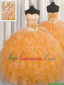 Handcrafted Flower Sweetheart Sleeveless Quinceanera Gown Floor Length Beading and Ruffles and Hand Made Flower Orange Organza