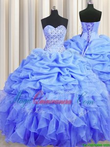 Latest Sweetheart Sleeveless Organza Sweet 16 Quinceanera Dress Beading and Ruffles and Pick Ups Lace Up