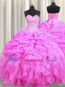 Pick Ups Sweetheart Sleeveless Lace Up Sweet 16 Dresses Rose Pink Organza