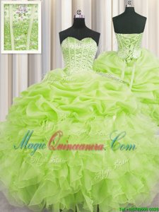 Unique Visible Boning Floor Length Lace Up Quince Ball Gowns Yellow Green and In for Military Ball and Sweet 16 and Quinceanera with Beading and Ruffles and Pick Ups