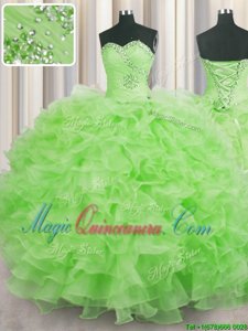 Free and Easy Yellow Green Organza Lace Up Sweetheart Sleeveless Floor Length Sweet 16 Dress Beading and Ruffles