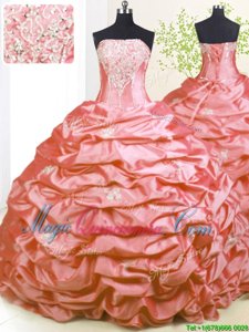 Sweep Train Pink Ball Gowns Beading and Pick Ups 15 Quinceanera Dress Lace Up Taffeta Sleeveless With Train