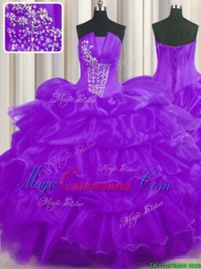 Decent Purple Lace Up Strapless Beading and Ruffled Layers and Pick Ups Sweet 16 Quinceanera Dress Organza Sleeveless