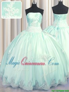 Dynamic Taffeta Strapless Sleeveless Lace Up Beading and Appliques Sweet 16 Dresses in Apple Green