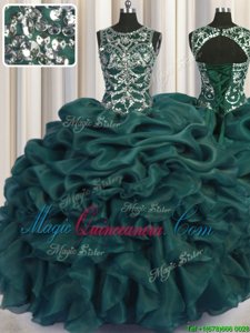 Enchanting See Through Organza Scoop Sleeveless Lace Up Beading and Sequins and Pick Ups Sweet 16 Dresses in Teal