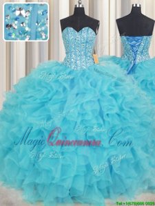 Visible Boning Organza Sweetheart Sleeveless Lace Up Beading and Ruffles 15th Birthday Dress in Baby Blue