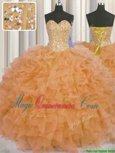 Visible Boning Orange Ball Gowns Beading and Ruffles and Sashes|ribbons Sweet 16 Quinceanera Dress Lace Up Organza Sleeveless Floor Length