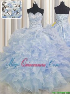 Excellent Floor Length Lace Up 15th Birthday Dress Light Blue and In for Military Ball and Sweet 16 and Quinceanera with Beading and Ruffles